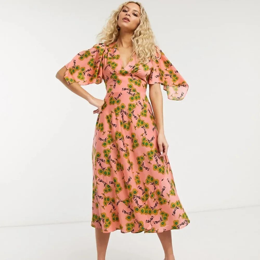 TOPSHOP Idol Daisy Print Midi Dress Pink Women’s Size 10